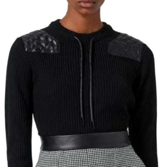 The Kooples Black Knit Quilted LeatherShoulder Patch Cropped Sweater sz 3/Large - Picture 2 of 15